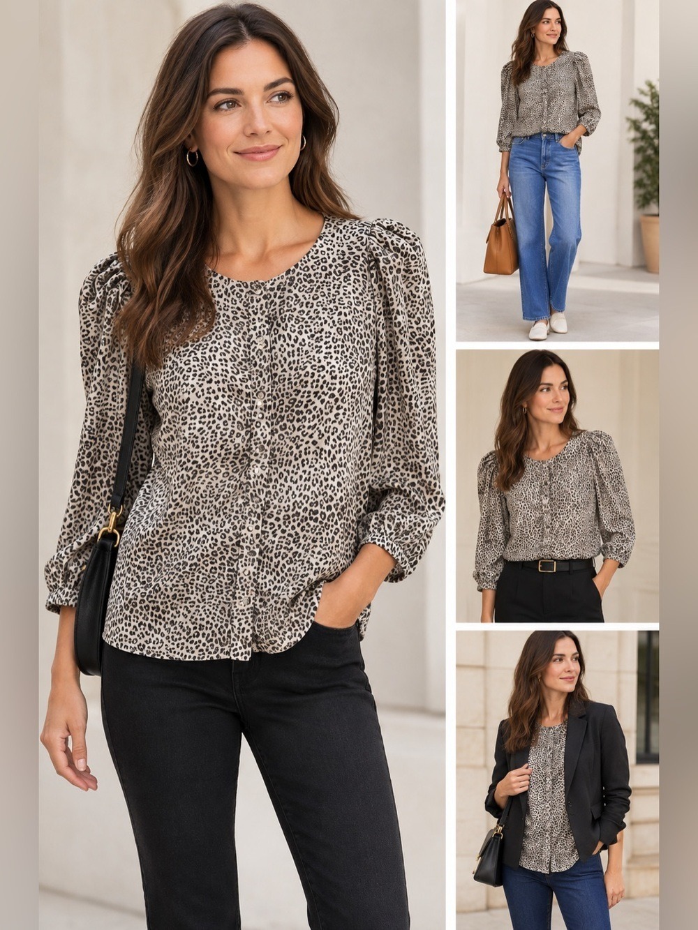 Mango Black and White Animal Print Blouse